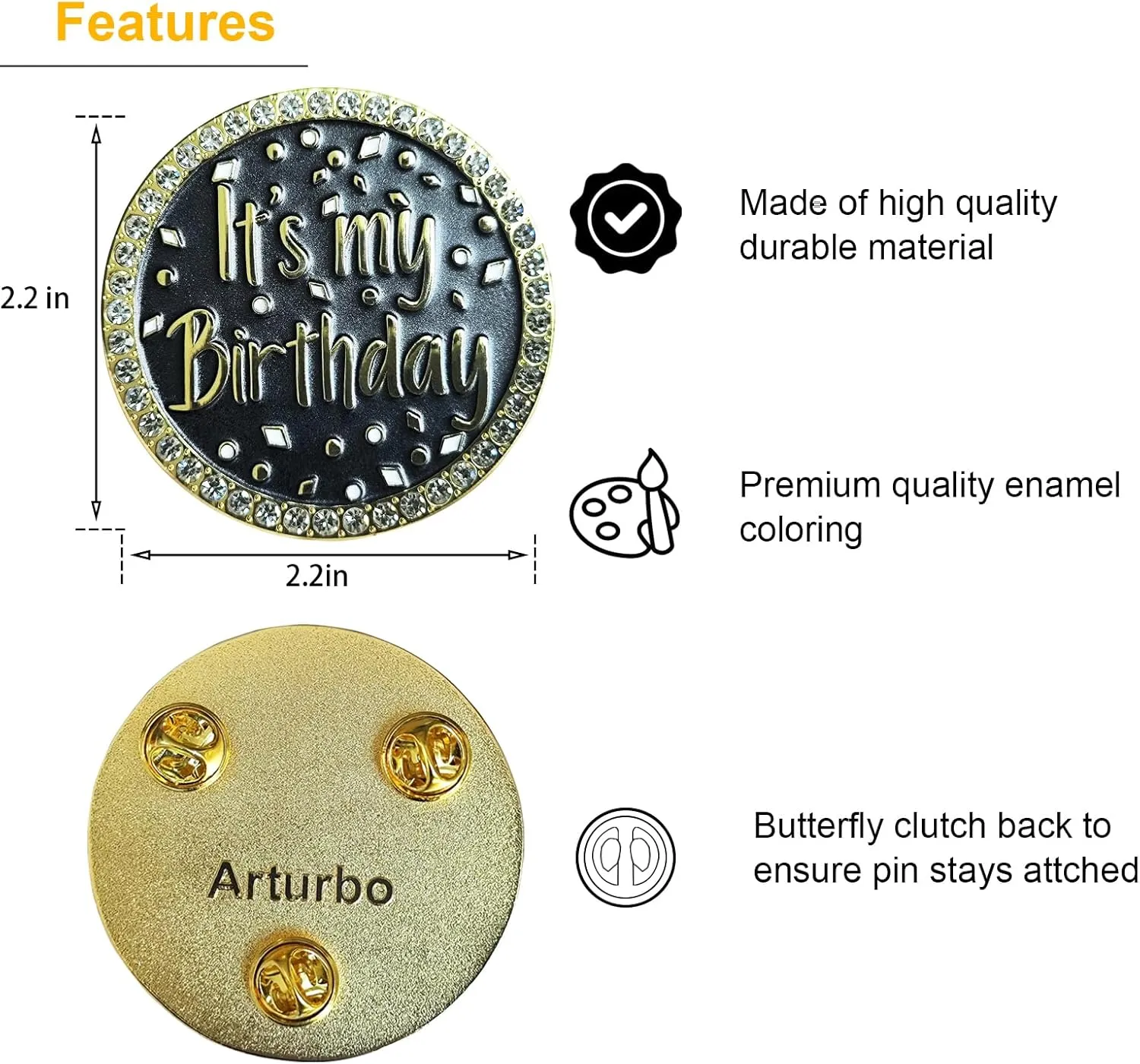 For It's My Birthday Pin Brooch Round Metal Lapel Pin Badges with Rhinestones Fun Pink Pearl Enamel Pins for Women Girls Boys Men Birthday Party Wedding Gifts Decoration