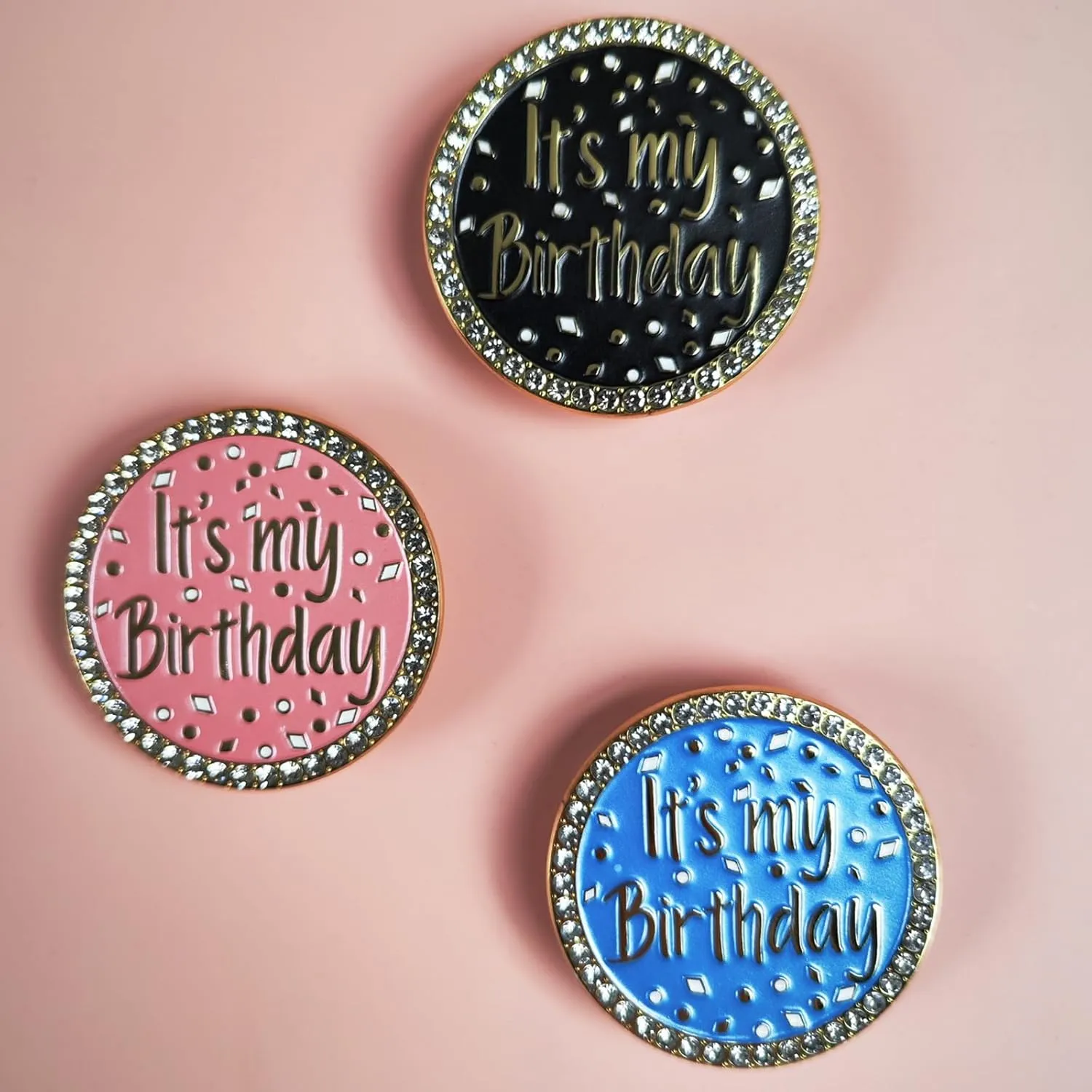 For It's My Birthday Pin Brooch Round Metal Lapel Pin Badges with Rhinestones Fun Pink Pearl Enamel Pins for Women Girls Boys Men Birthday Party Wedding Gifts Decoration