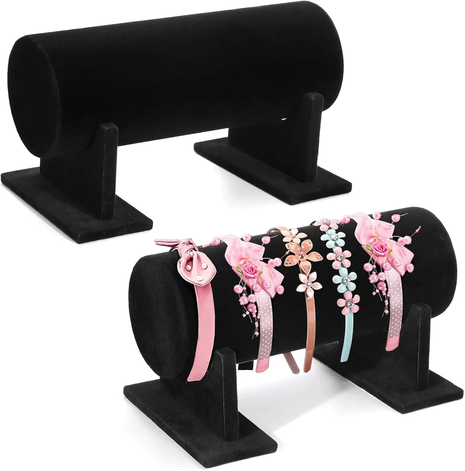 Foraineam 2 Pack Black Velvet Headband Holder Organizer, Detachable Hairband Hair Hoop Display Stand for Girls and Women, Jewelry Bar Rack Organizer for Jewelry, Bracelets, Hair Accessories