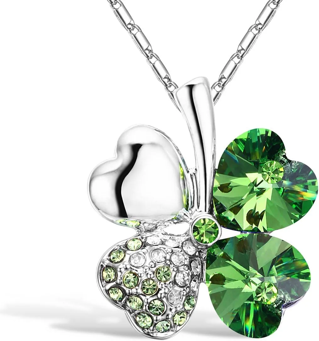 Four Leaf Clover Heart-shaped Crystal Pendant Necklace | Necklaces for Women | Heart Necklace | Silver necklace for Women | Womens Gifts | Heart Pendant Necklace | 4 Leaf Clover Necklace