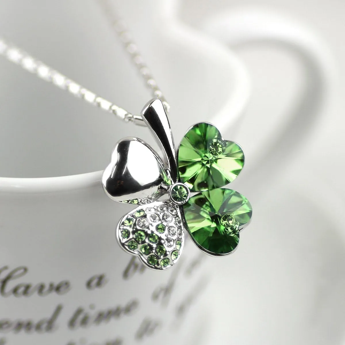 Four Leaf Clover Heart-shaped Crystal Pendant Necklace | Necklaces for Women | Heart Necklace | Silver necklace for Women | Womens Gifts | Heart Pendant Necklace | 4 Leaf Clover Necklace