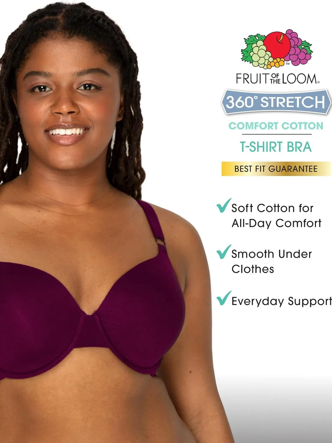 Fruit of the Loom Women's Smooth Cotton T-Shirt Bra Pack - Ultra-Soft, Flexible, and Invisible Under Tees