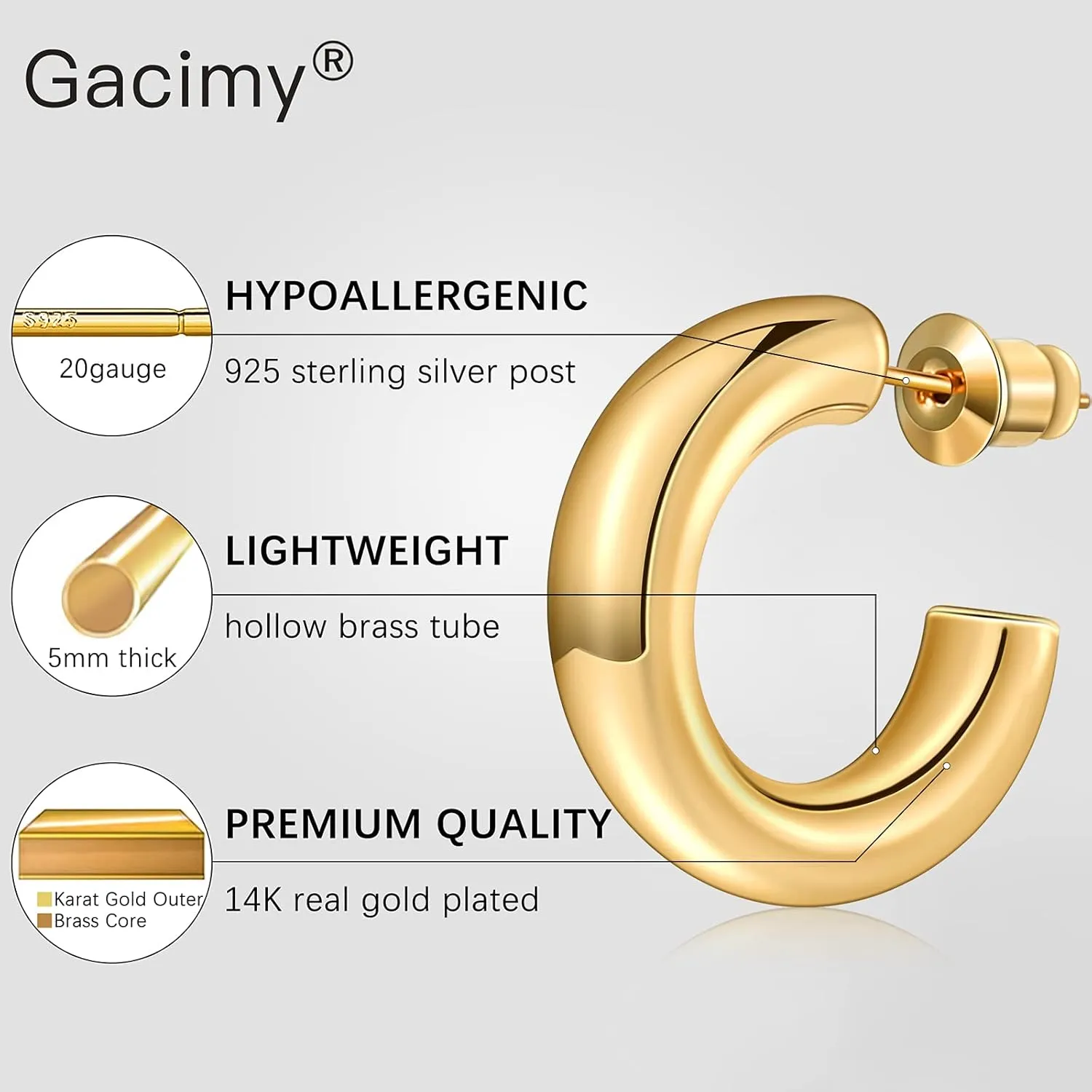 Gacimy Chunky Gold Hoop Earrings for Women 14K Real Gold Plated, 925 Sterling Silver Post Hoops for Women