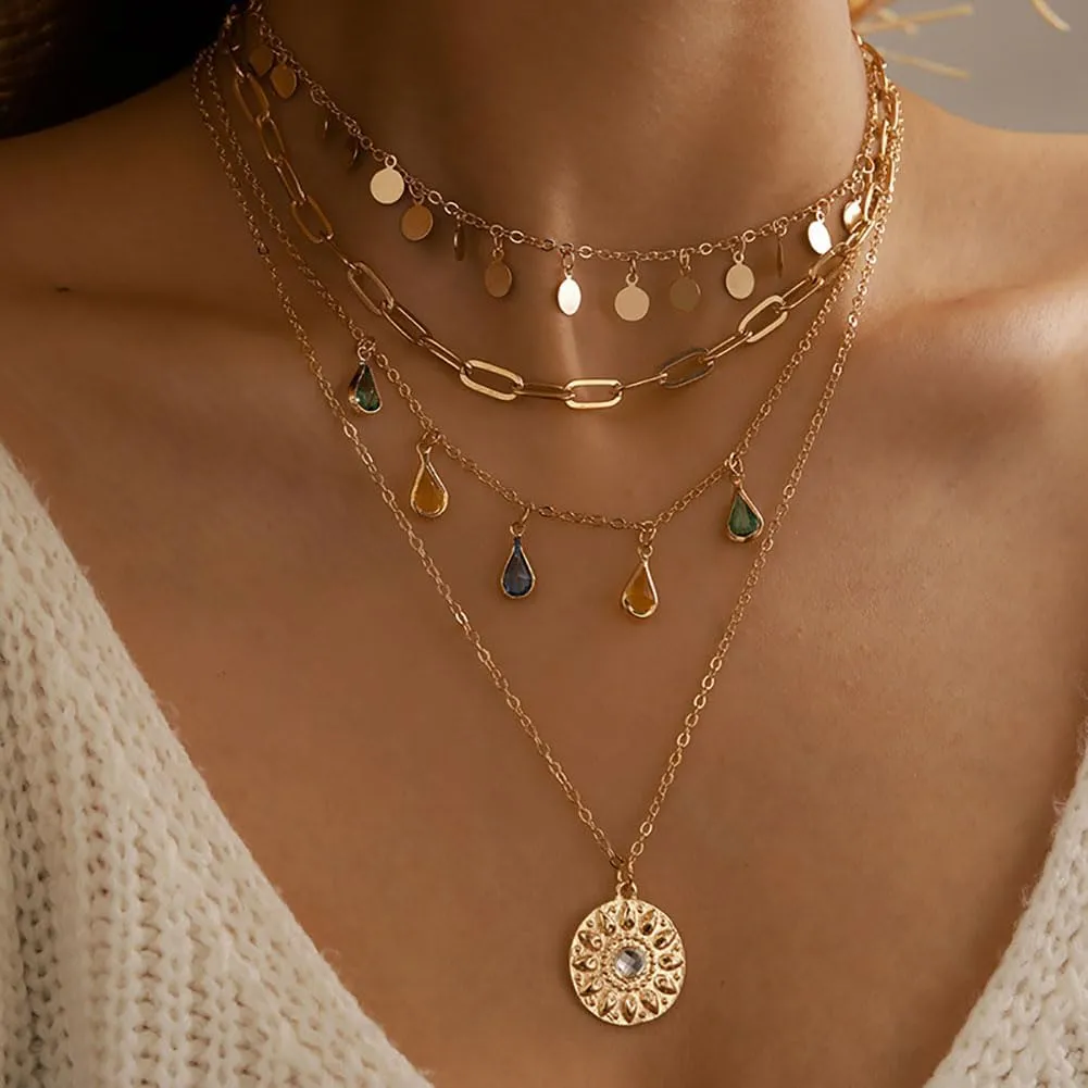 GIGB PBDK Trendy Layered Gold Pendant Necklaces for Women Lady Boho Stackable Dainty Beaded Turquoise Necklace Charm Long Paperclip Necklace Jewelry Gifts