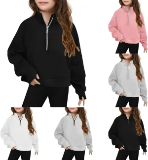 Girls Half Zip Sweatshirt Long Sleeve Pullover Tops Kids Lightweight Fleece Cute Comfortable Fall Winter Clothes