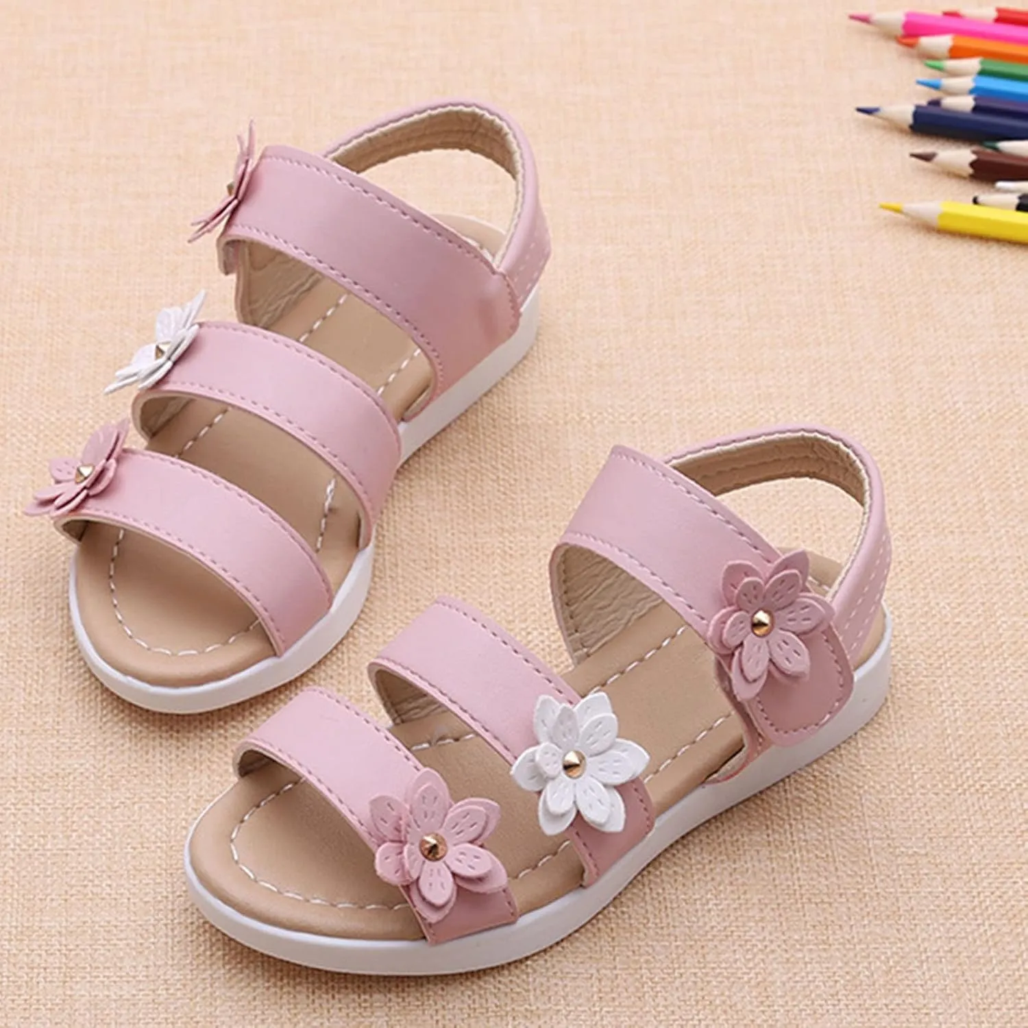 Girls Kids Foam Leather Sandals Multi Strap Flat Flower Wide Shoes Baby Toddler Summer Light Breathable Beach Water Shoes