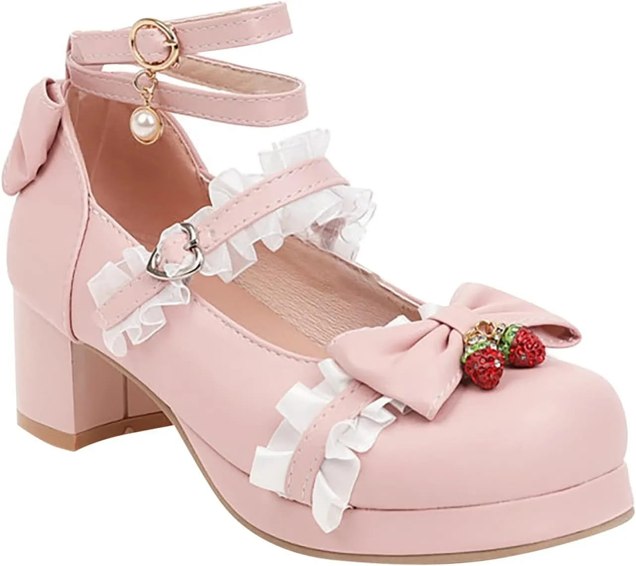 Girls Kids Leather Mary Jane High Heel Sandals Princess Ankle Closed Toe Strap Lace Pearl Shoes Wedding Fancy Sandals