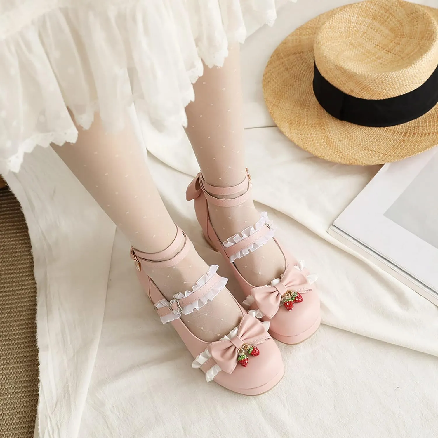 Girls Kids Leather Mary Jane High Heel Sandals Princess Ankle Closed Toe Strap Lace Pearl Shoes Wedding Fancy Sandals