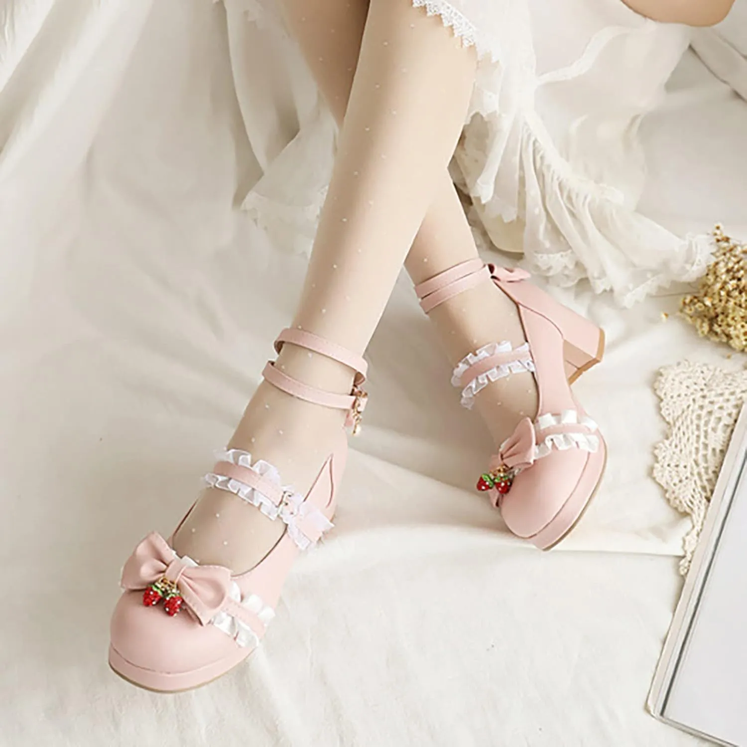 Girls Kids Leather Mary Jane High Heel Sandals Princess Ankle Closed Toe Strap Lace Pearl Shoes Wedding Fancy Sandals