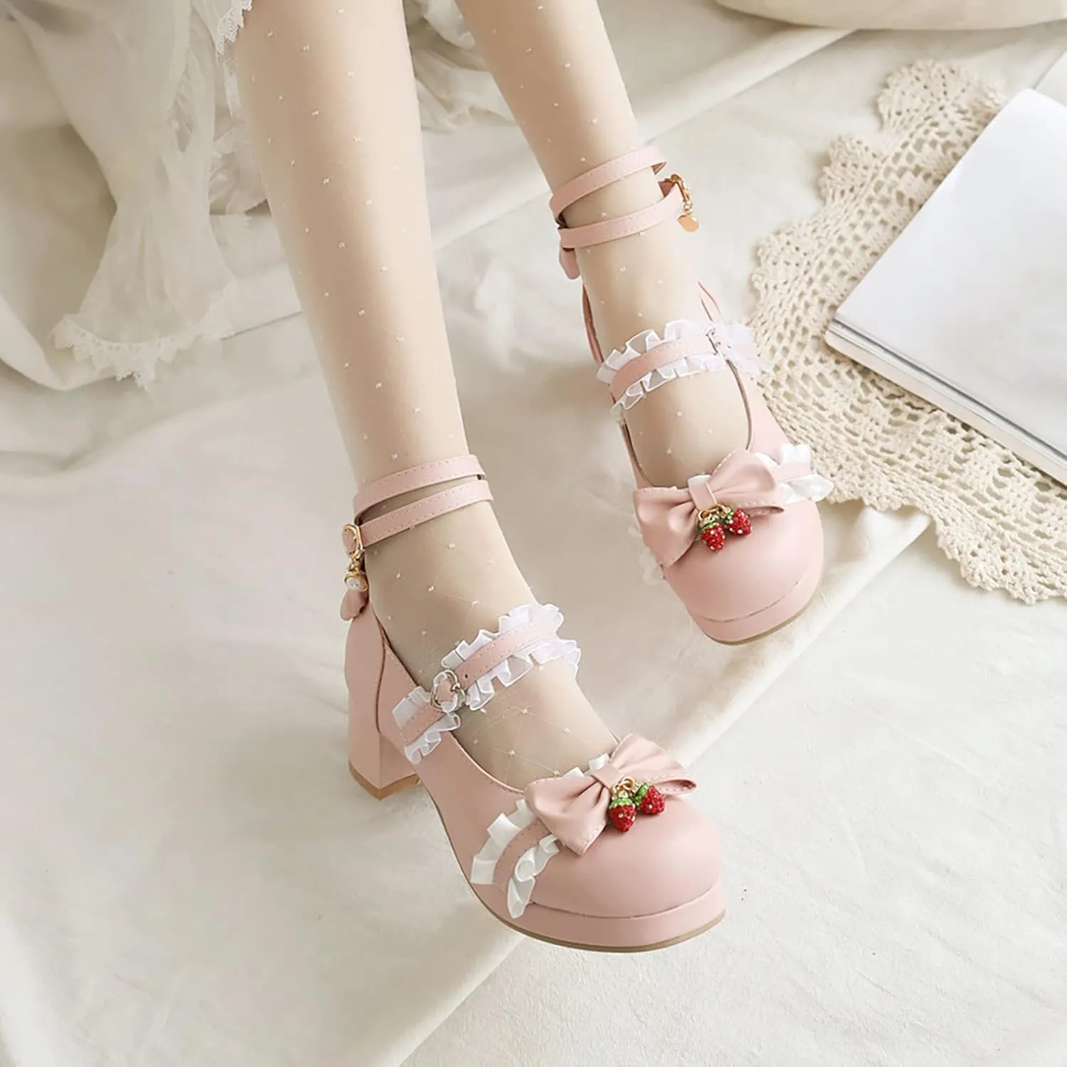 Girls Kids Leather Mary Jane High Heel Sandals Princess Ankle Closed Toe Strap Lace Pearl Shoes Wedding Fancy Sandals