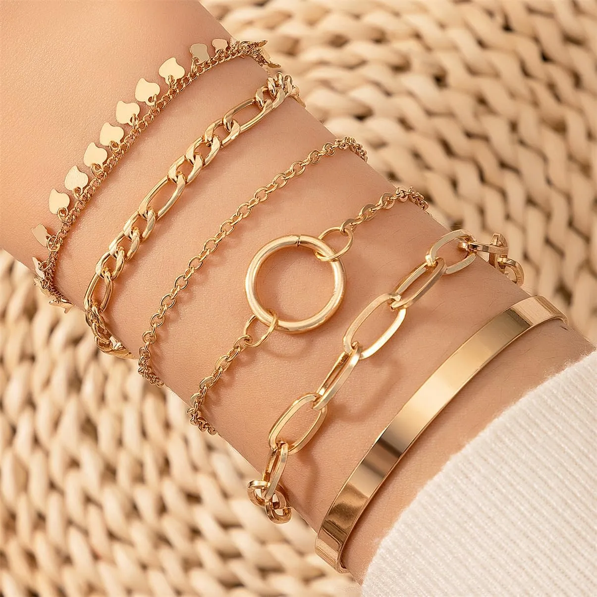 Gold Bangle Cuff Bracelets Set for Women,14K Gold Plated Stackable Bracelets for Women,Dainty Adjustable Bangle Paperclip Snake Cuban Link Chain Bracelets for Women