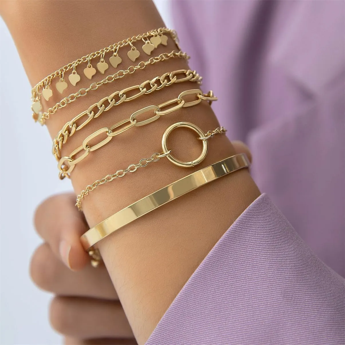 Gold Bangle Cuff Bracelets Set for Women,14K Gold Plated Stackable Bracelets for Women,Dainty Adjustable Bangle Paperclip Snake Cuban Link Chain Bracelets for Women