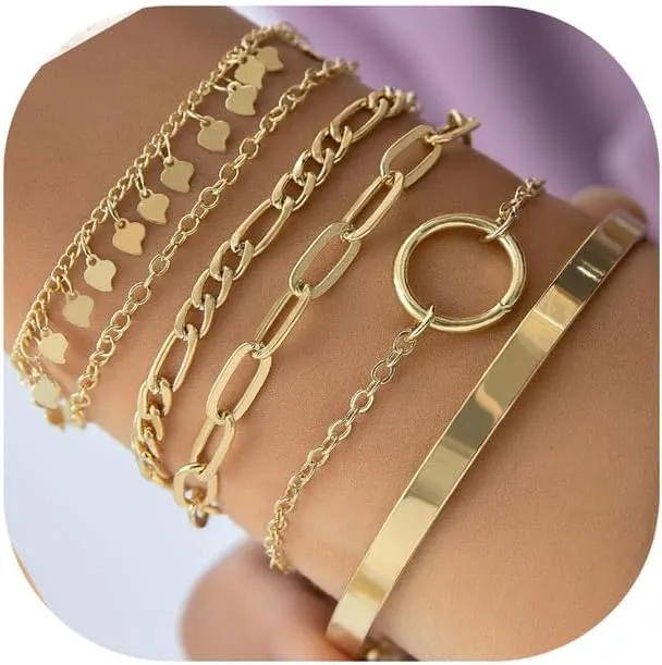 Gold Bangle Cuff Bracelets Set for Women,14K Gold Plated Stackable Bracelets for Women,Dainty Adjustable Bangle Paperclip Snake Cuban Link Chain Bracelets for Women