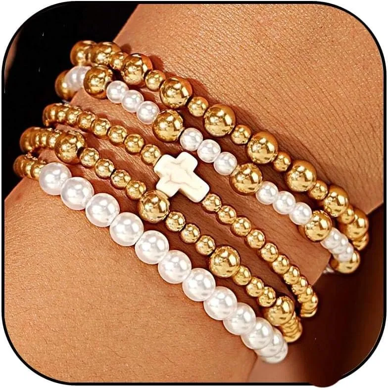 Gold Beaded Bracelets for Women Pearl Cross Knot Bead Bracelet Set Stack Paperclip Link Chain Bracelets Gold Cuff Bracelet Adjustable Gold Jewelry for Women
