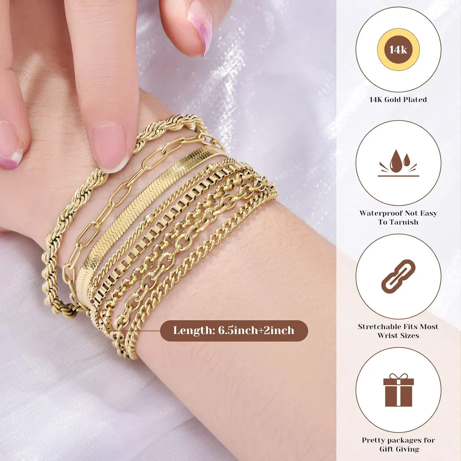 Gold Bracelets for Women, 14K Gold Plated Jewelry Sets for Women Trendy Thin Dainty Stackable Cuban Link Paperclip Chain Bracelet Pack Fashion Accessories Gifts for Womens
