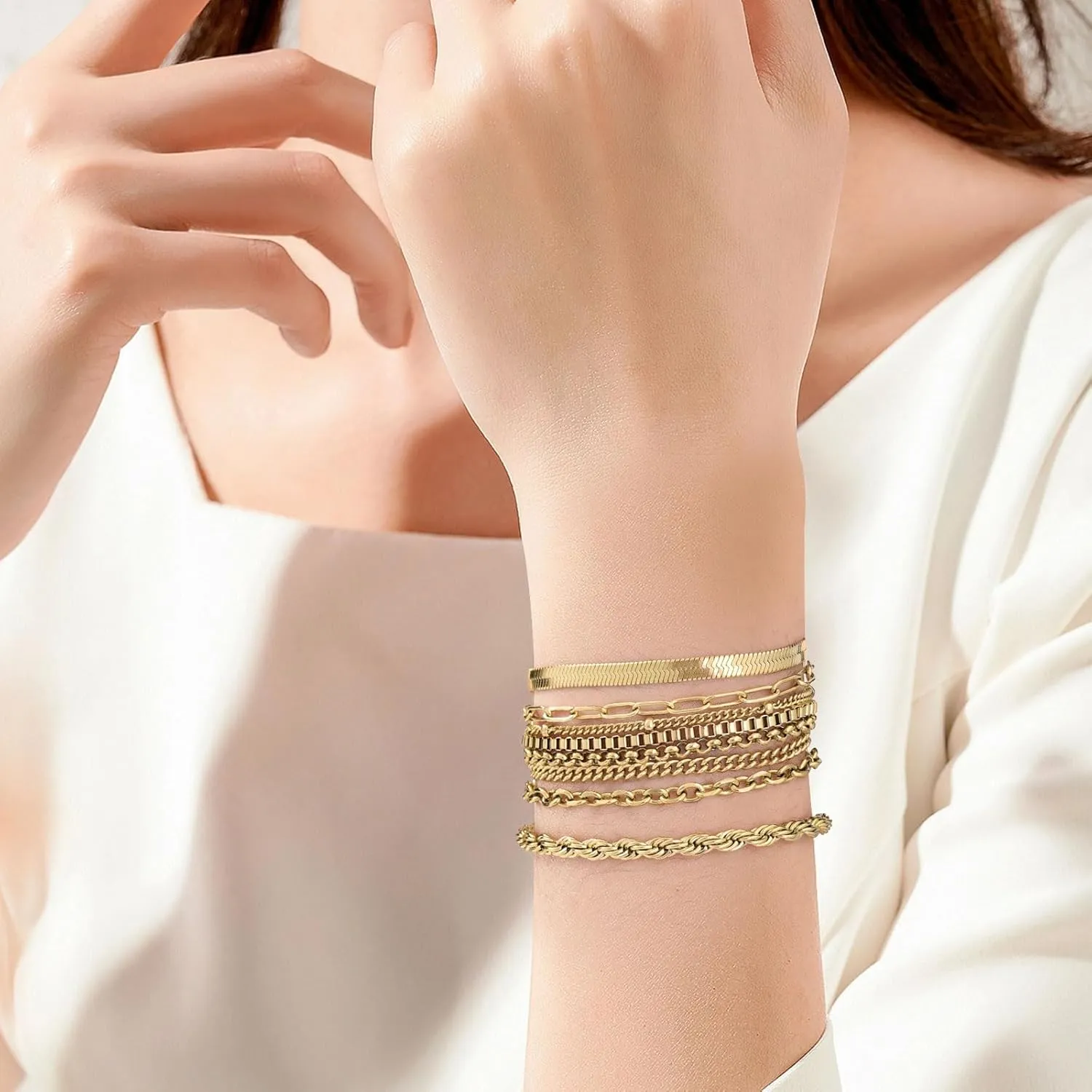 Gold Bracelets for Women, 14K Gold Plated Jewelry Sets for Women Trendy Thin Dainty Stackable Cuban Link Paperclip Chain Bracelet Pack Fashion Accessories Gifts for Womens