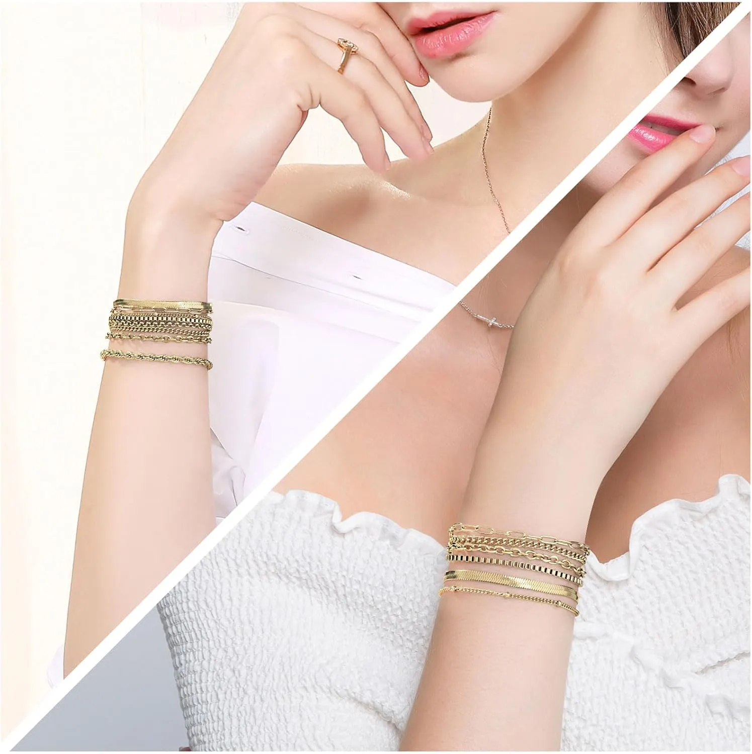 Gold Bracelets for Women, 14K Gold Plated Jewelry Sets for Women Trendy Thin Dainty Stackable Cuban Link Paperclip Chain Bracelet Pack Fashion Accessories Gifts for Womens