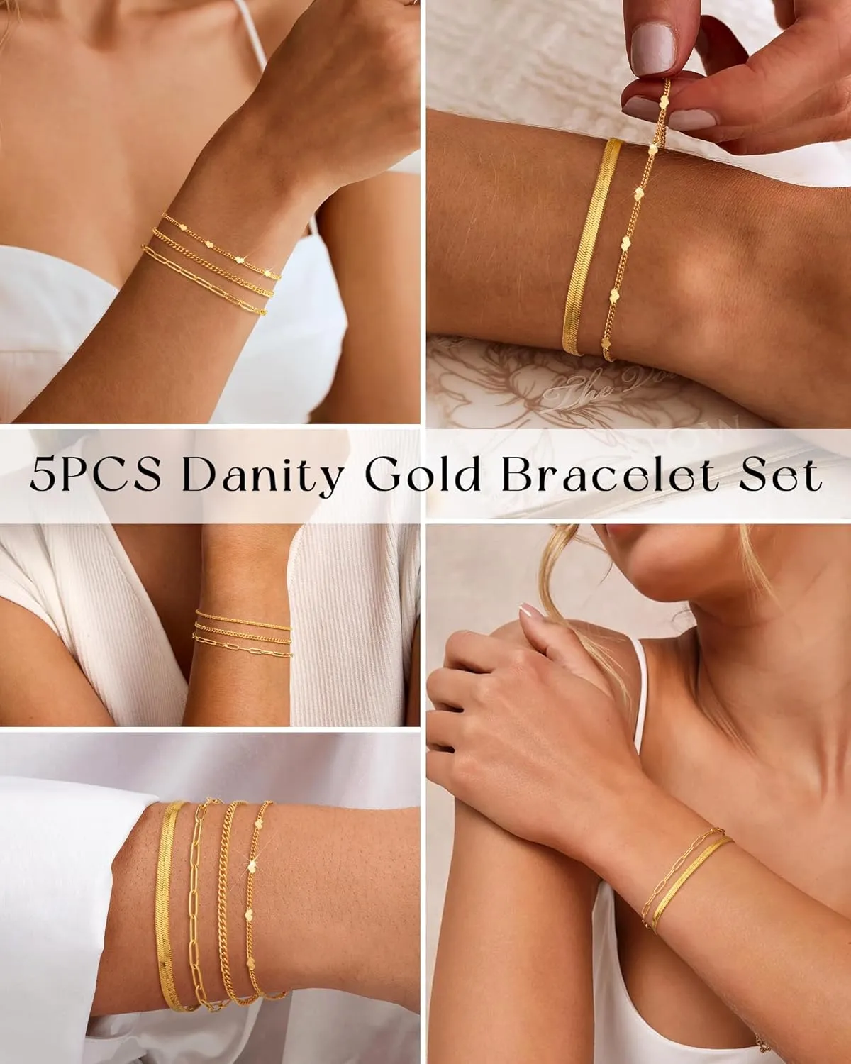 Gold Chain Bracelets Set for Women - 14K Gold Plated Dainty Cuban Link Bracelet Stack Non Tarnish Figaro Herringbone Paperclip Beaded Bracelet Pack Jewelry Gifts for Women