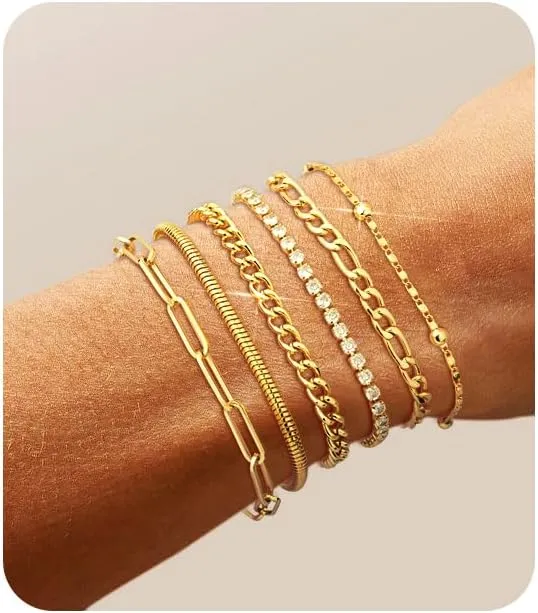 Gold Chain Bracelets Set for Women - 14K Gold Plated Dainty Cuban Link Bracelet Stack Non Tarnish Figaro Herringbone Paperclip Beaded Bracelet Pack Jewelry Gifts for Women