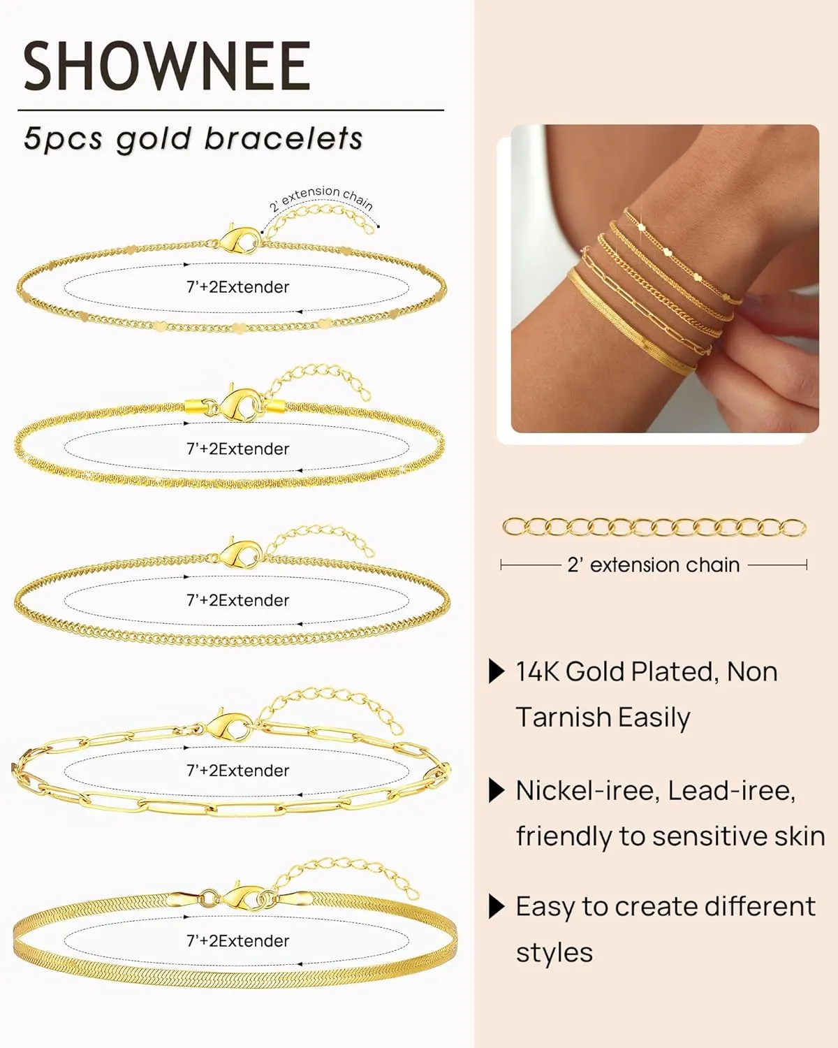 Gold Chain Bracelets Set for Women - 14K Gold Plated Dainty Cuban Link Bracelet Stack Non Tarnish Figaro Herringbone Paperclip Beaded Bracelet Pack Jewelry Gifts for Women