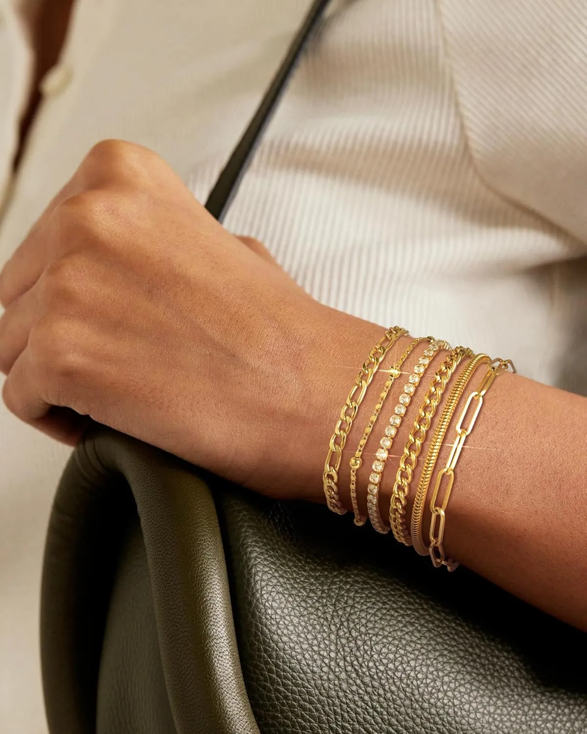Gold Chain Bracelets Set for Women - 14K Gold Plated Dainty Cuban Link Bracelet Stack Non Tarnish Figaro Herringbone Paperclip Beaded Bracelet Pack Jewelry Gifts for Women