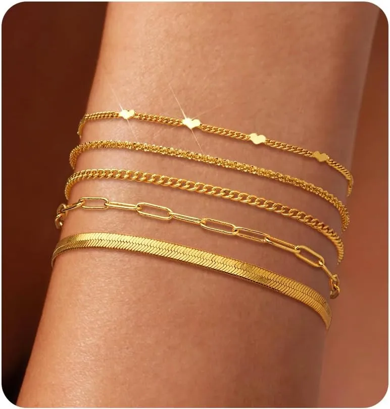 Gold Chain Bracelets Set for Women - 14K Gold Plated Dainty Cuban Link Bracelet Stack Non Tarnish Figaro Herringbone Paperclip Beaded Bracelet Pack Jewelry Gifts for Women