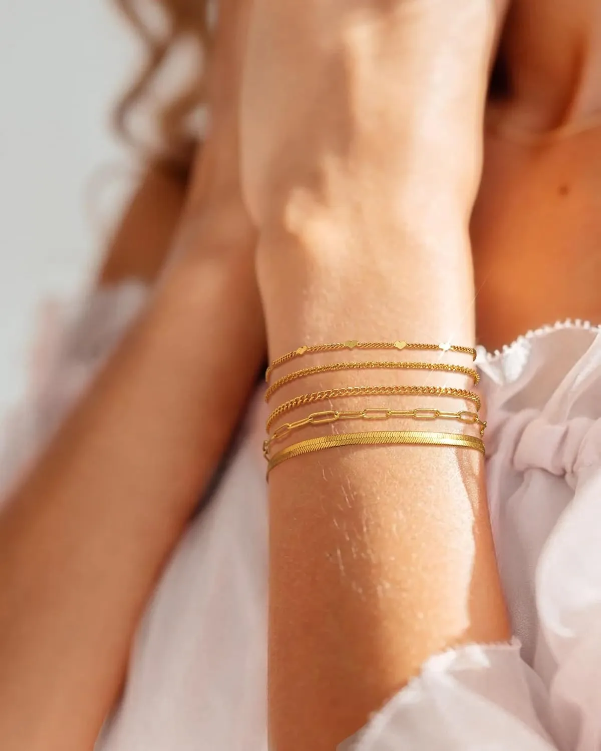 Gold Chain Bracelets Set for Women - 14K Gold Plated Dainty Cuban Link Bracelet Stack Non Tarnish Figaro Herringbone Paperclip Beaded Bracelet Pack Jewelry Gifts for Women