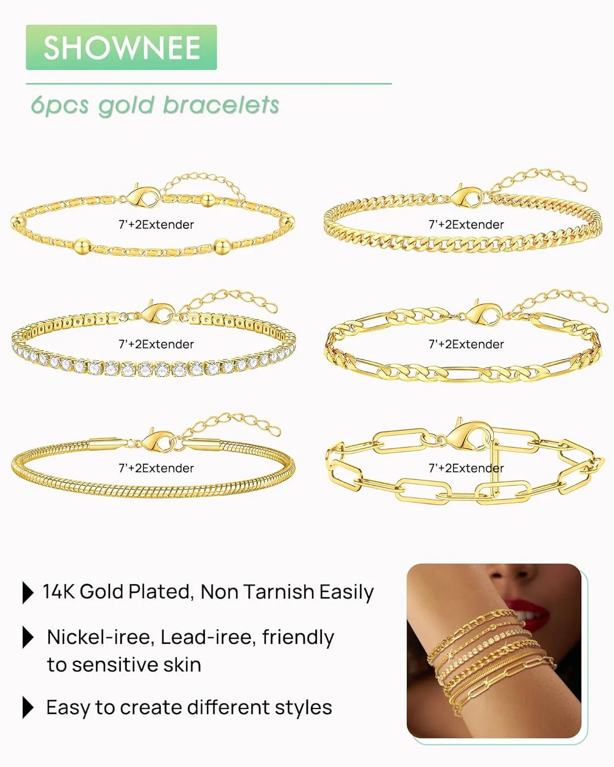Gold Chain Bracelets Set for Women - 14K Gold Plated Dainty Cuban Link Bracelet Stack Non Tarnish Figaro Herringbone Paperclip Beaded Bracelet Pack Jewelry Gifts for Women