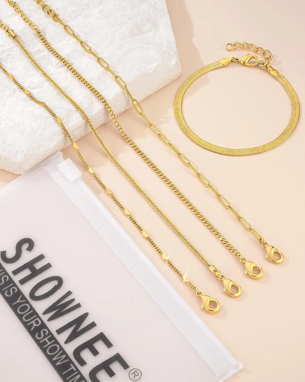 Gold Chain Bracelets Set for Women - 14K Gold Plated Dainty Cuban Link Bracelet Stack Non Tarnish Figaro Herringbone Paperclip Beaded Bracelet Pack Jewelry Gifts for Women