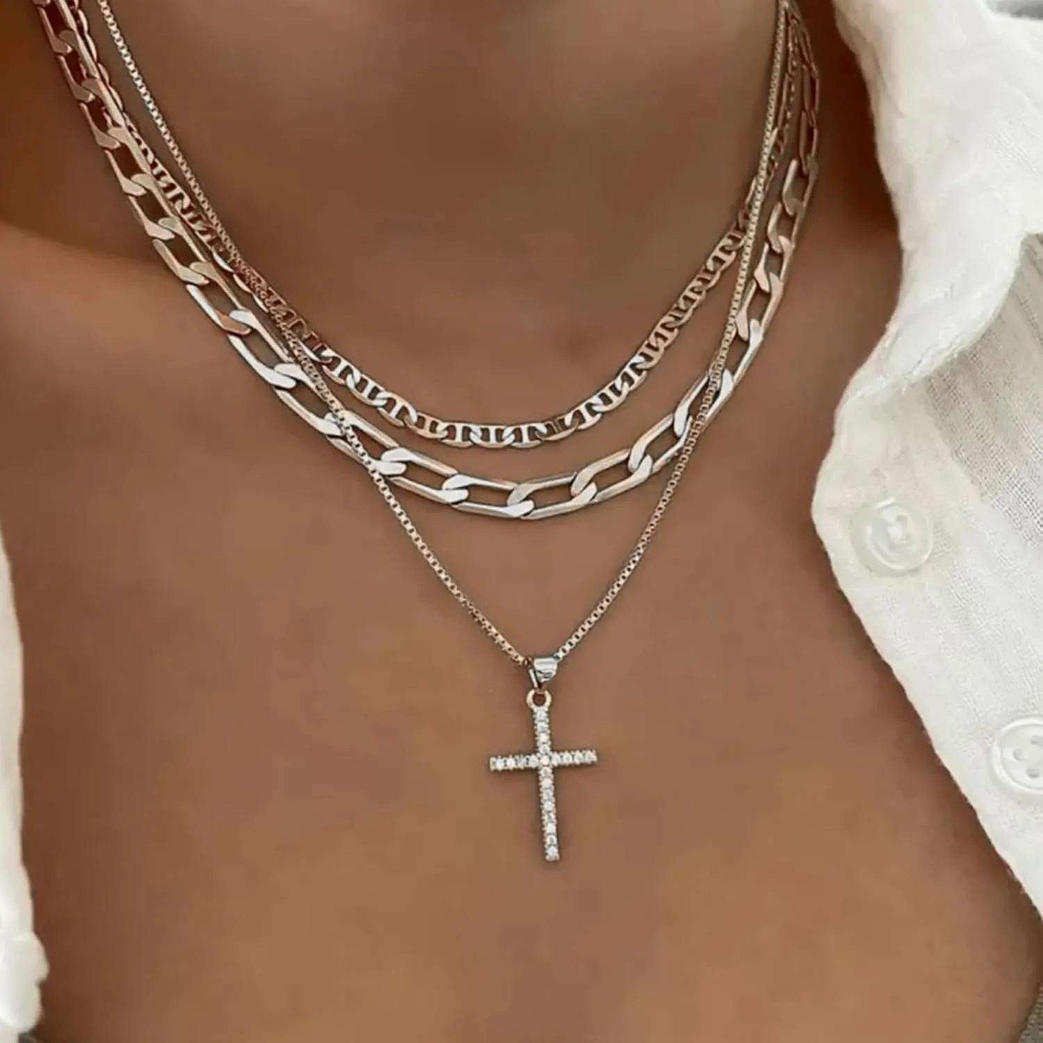 Gold Cross Necklace for Women 14K Gold Plated Dainty Layered Pendant Choker Simple Trendy Cute Cross Charm Diamond Necklace Faith Jewelry Religious Gift