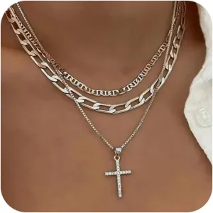 Gold Cross Necklace for Women 14K Gold Plated Dainty Layered Pendant Choker Simple Trendy Cute Cross Charm Diamond Necklace Faith Jewelry Religious Gift