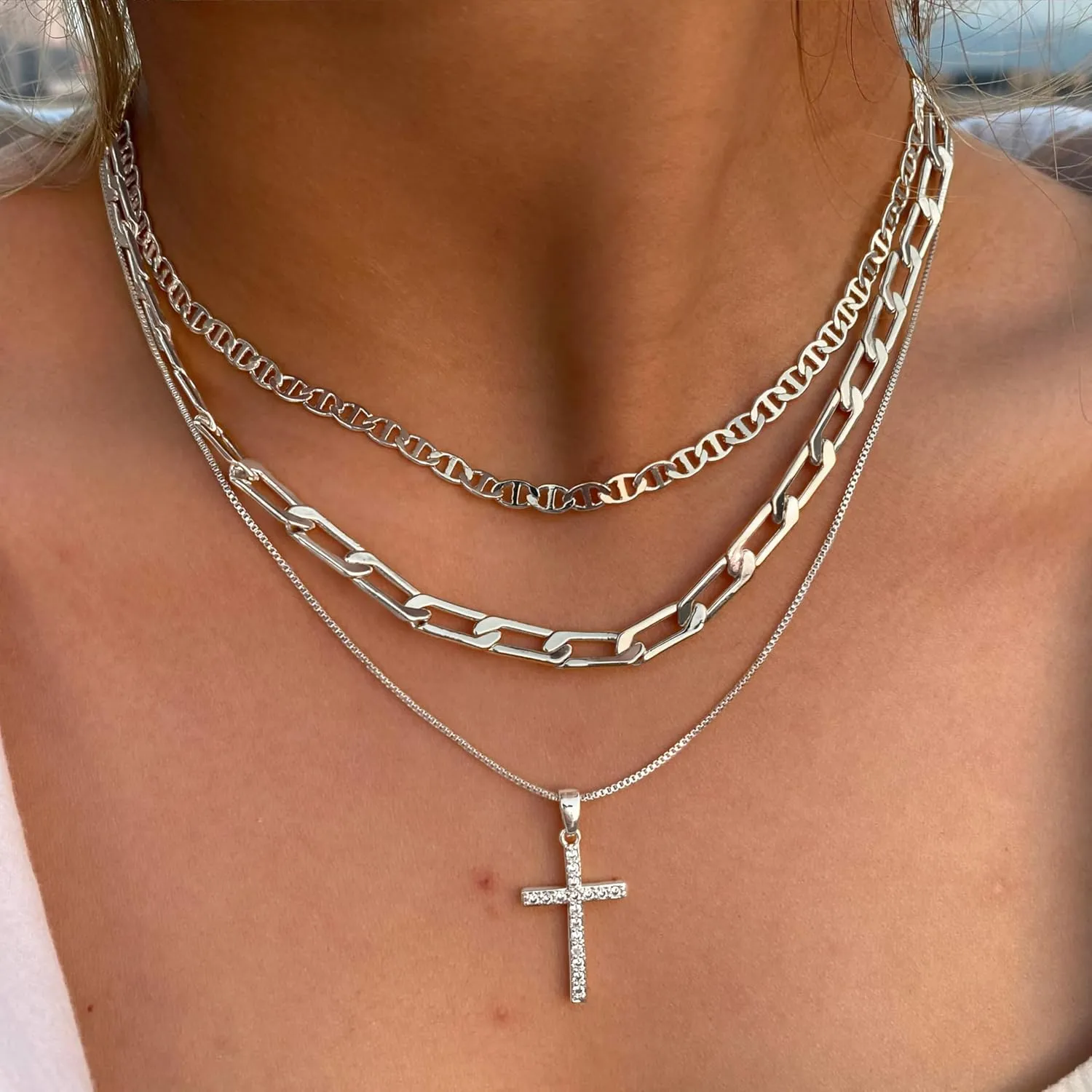 Gold Cross Necklace for Women 14K Gold Plated Dainty Layered Pendant Choker Simple Trendy Cute Cross Charm Diamond Necklace Faith Jewelry Religious Gift