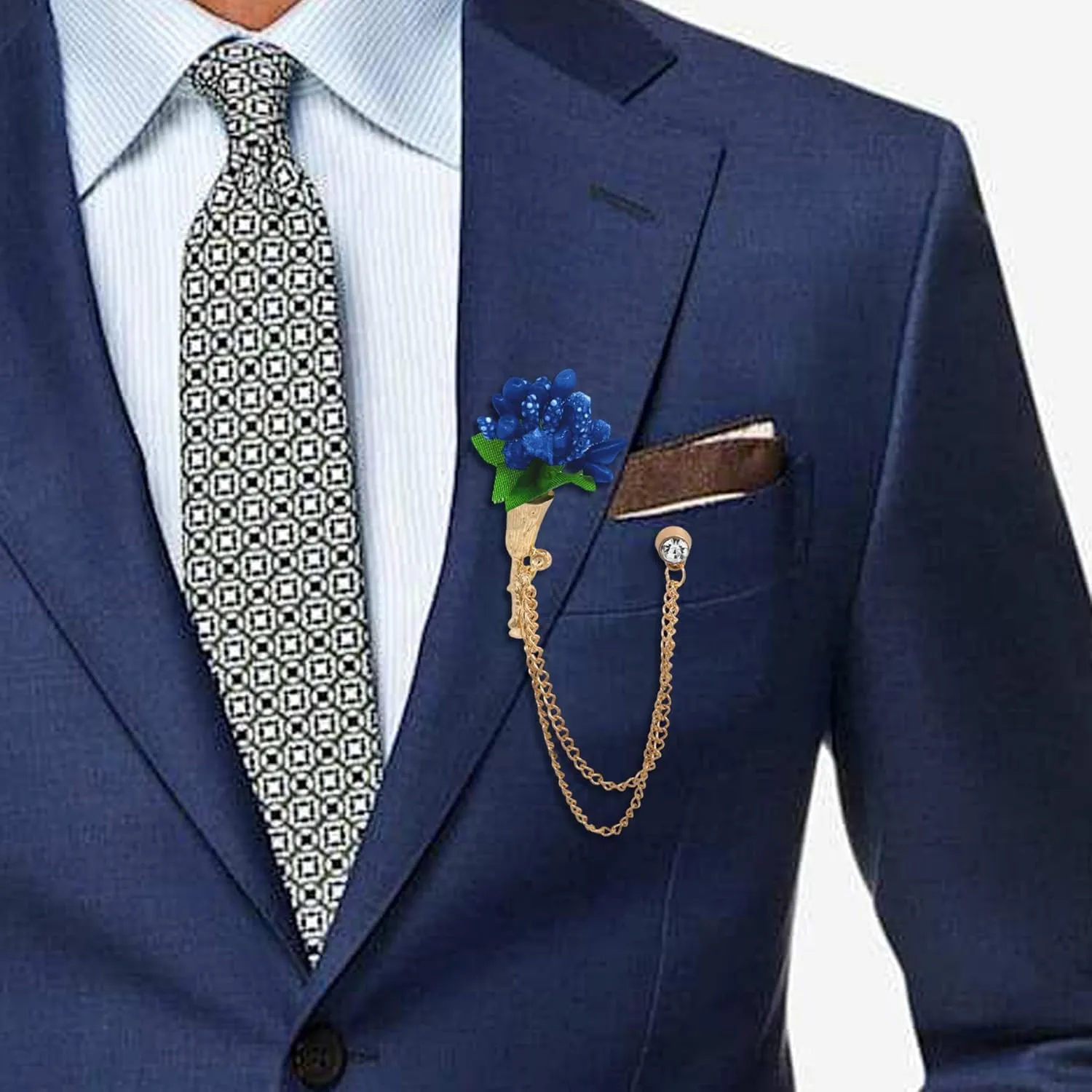 Gold Crystal Flower Brooch Lapel Pin for Men Rhinestone With Hanging Chain Brooch for Men Suit Fashion Tuxedo Tie Hat Scarf Collar Pins for Men Women Gifts