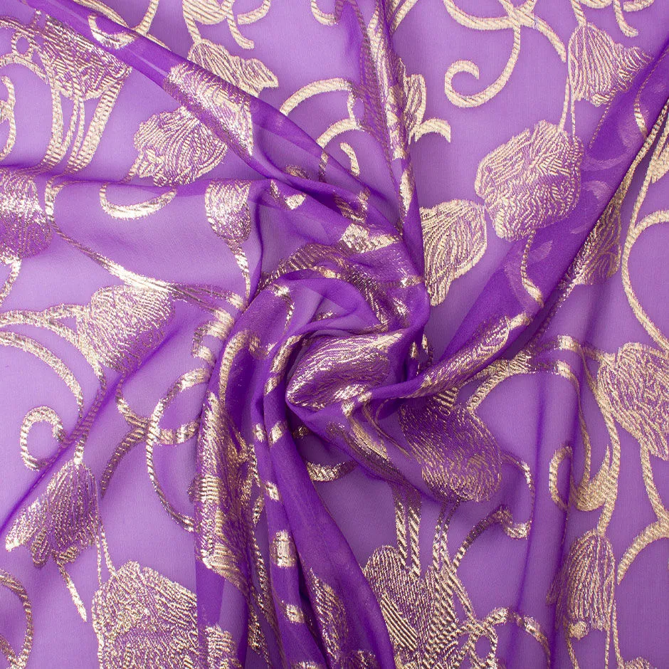 Gold Floral Metallic Violet Silk Chiffon Jacquard