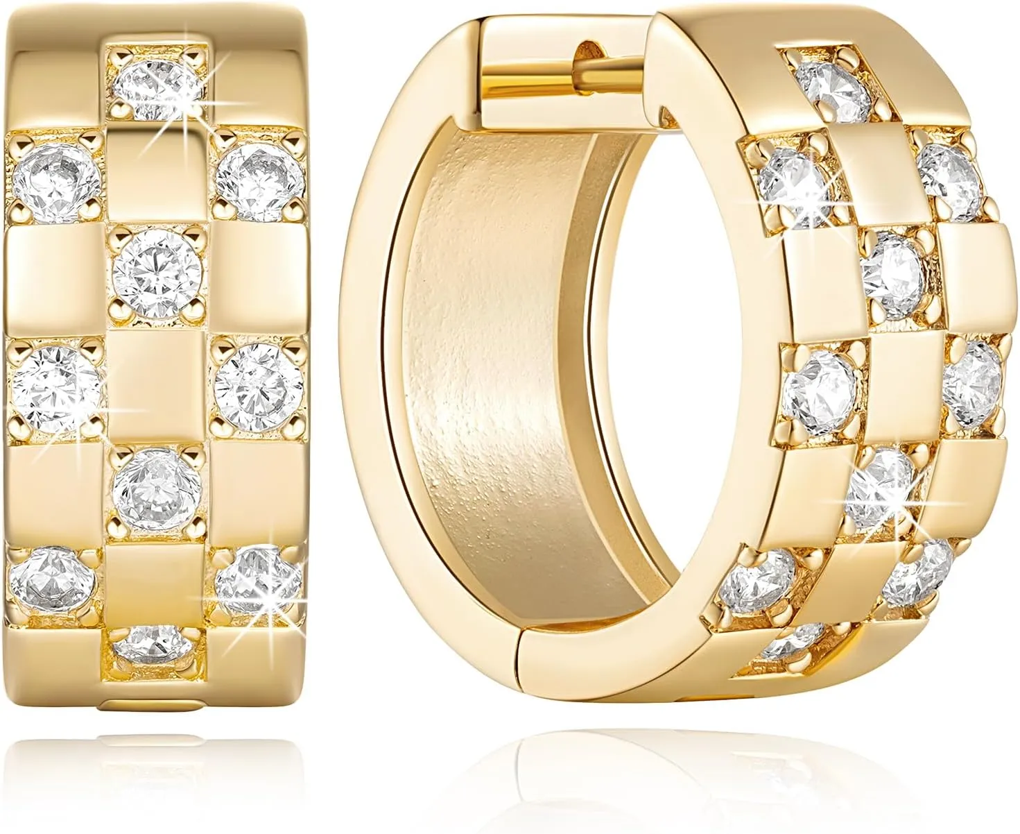 Gold Hoop Earrings 14K Gold Earrings Small Hoop Earring in Checkerboard Design Radiant Diamond Hoops Earring with Cubic Zirconia 18mm
