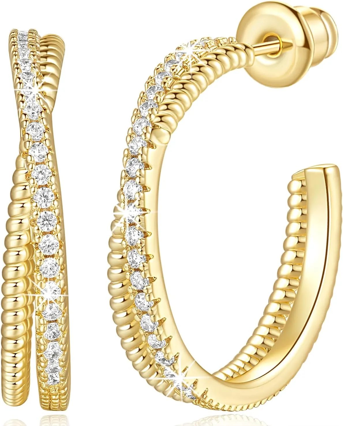 Gold Hoop Earrings 14K Gold Hoop Earrings for Women Cross Cubic Zirconia Design Comfortable Lightweight Hoops Earring 21mm
