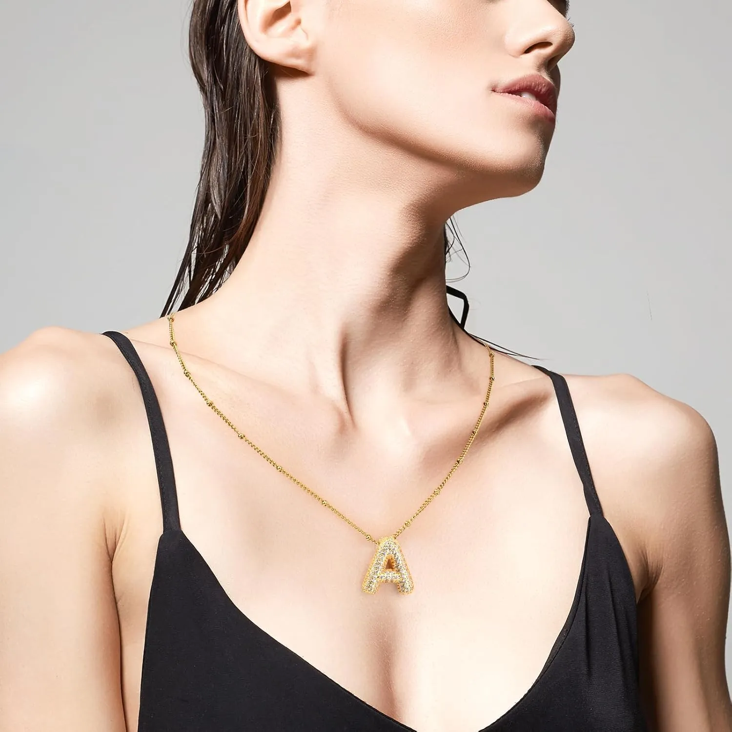 Gold Initial Letter Necklace for Women,Dainty Gold Plated Bubble Balloon Chunky Charm A-Z Pendant Choker Necklace Trendy Cute Personalized Monogram Name Necklace Gold Jewelry for Women Gift