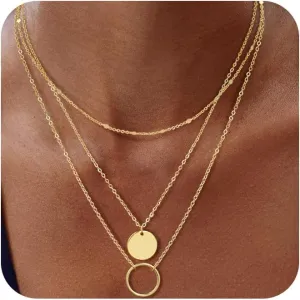 Gold Layered Necklace for Women,Dainty 14K Gold Plated Trendy Pendant Necklace Gold Jewelry for Women