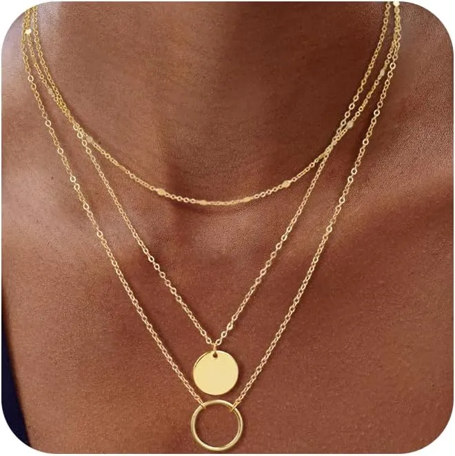 Gold Layered Necklace for Women,Dainty 14K Gold Plated Trendy Pendant Necklace Gold Jewelry for Women