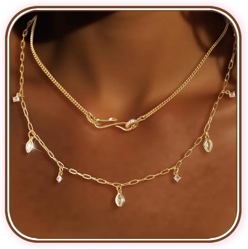 Gold Layered Necklaces for Women, 14K Gold Plated Charm Necklace Stack Snake Pendant Choker Layering Necklaces, CZ Diamond Cute Pendant Charm Necklace for Women