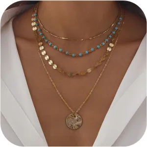 Gold Layered Necklaces for Women Boho Turquoise Stack Necklace Long Y Shape Western Necklaces Bohemian Coin Pendant Necklace For Country Concert Beach Jewelry Gift