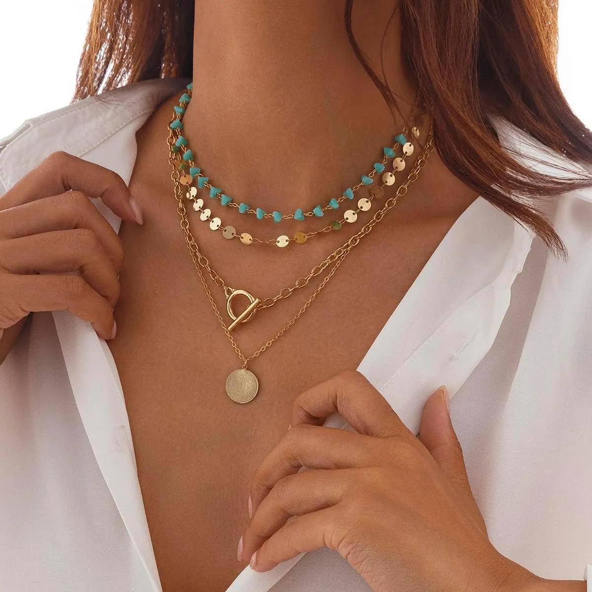 Gold Layered Necklaces for Women Boho Turquoise Stack Necklace Long Y Shape Western Necklaces Bohemian Coin Pendant Necklace For Country Concert Beach Jewelry Gift