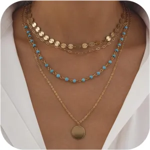 Gold Layered Necklaces for Women Boho Turquoise Stack Necklace Long Y Shape Western Necklaces Bohemian Coin Pendant Necklace For Country Concert Beach Jewelry Gift
