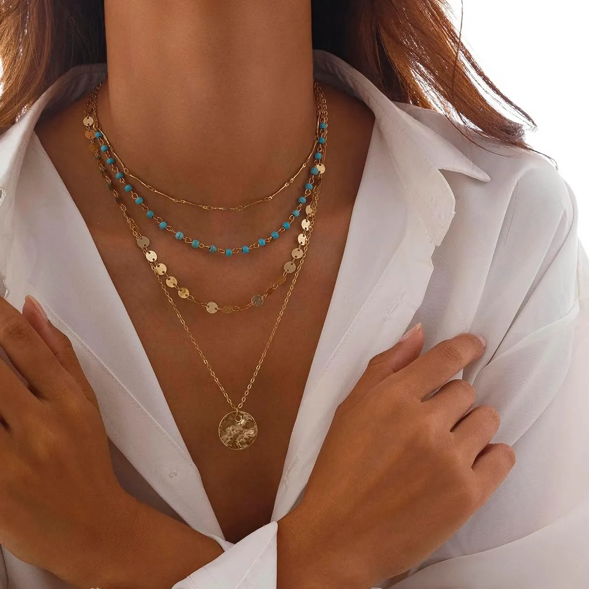 Gold Layered Necklaces for Women Boho Turquoise Stack Necklace Long Y Shape Western Necklaces Bohemian Coin Pendant Necklace For Country Concert Beach Jewelry Gift
