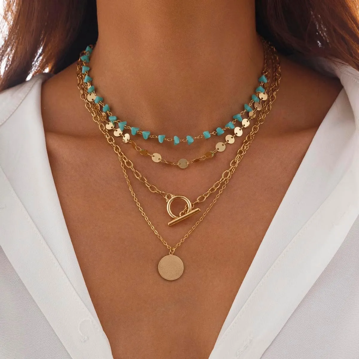 Gold Layered Necklaces for Women Boho Turquoise Stack Necklace Long Y Shape Western Necklaces Bohemian Coin Pendant Necklace For Country Concert Beach Jewelry Gift
