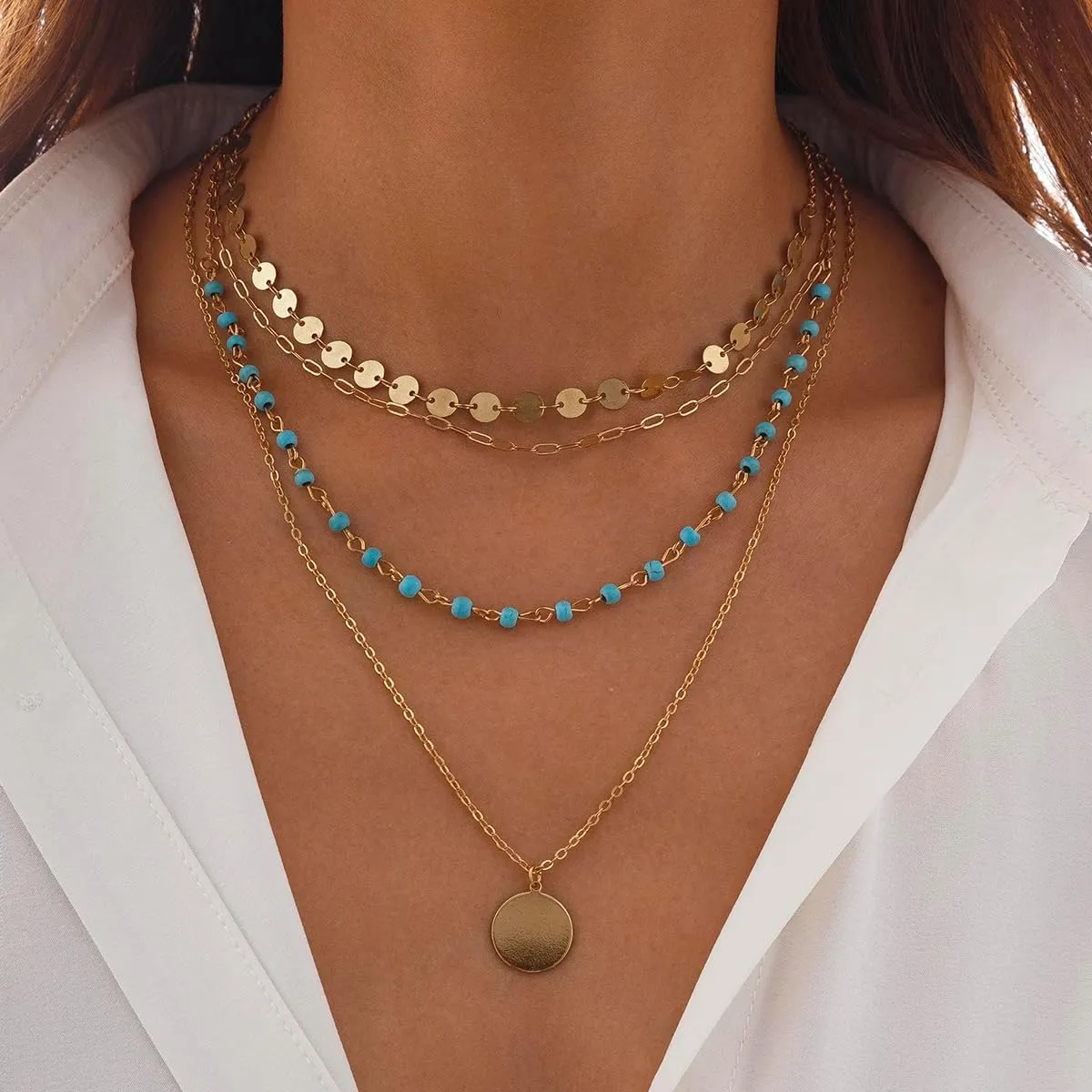 Gold Layered Necklaces for Women Boho Turquoise Stack Necklace Long Y Shape Western Necklaces Bohemian Coin Pendant Necklace For Country Concert Beach Jewelry Gift