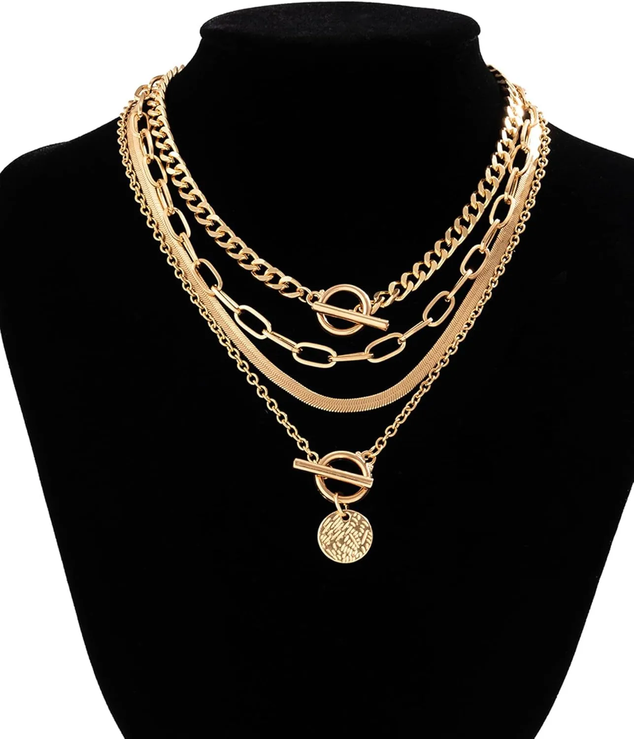 Gold Layered Necklaces for Women Chunky Layered Gold Necklaces Stacked Paperclip Chain Pearl Necklace Herringbone Choker Toggle Clasp Necklace Trendy Jewelry Gifts for Her