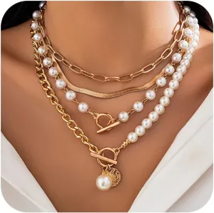 Gold Layered Necklaces for Women Chunky Layered Gold Necklaces Stacked Paperclip Chain Pearl Necklace Herringbone Choker Toggle Clasp Necklace Trendy Jewelry Gifts for Her