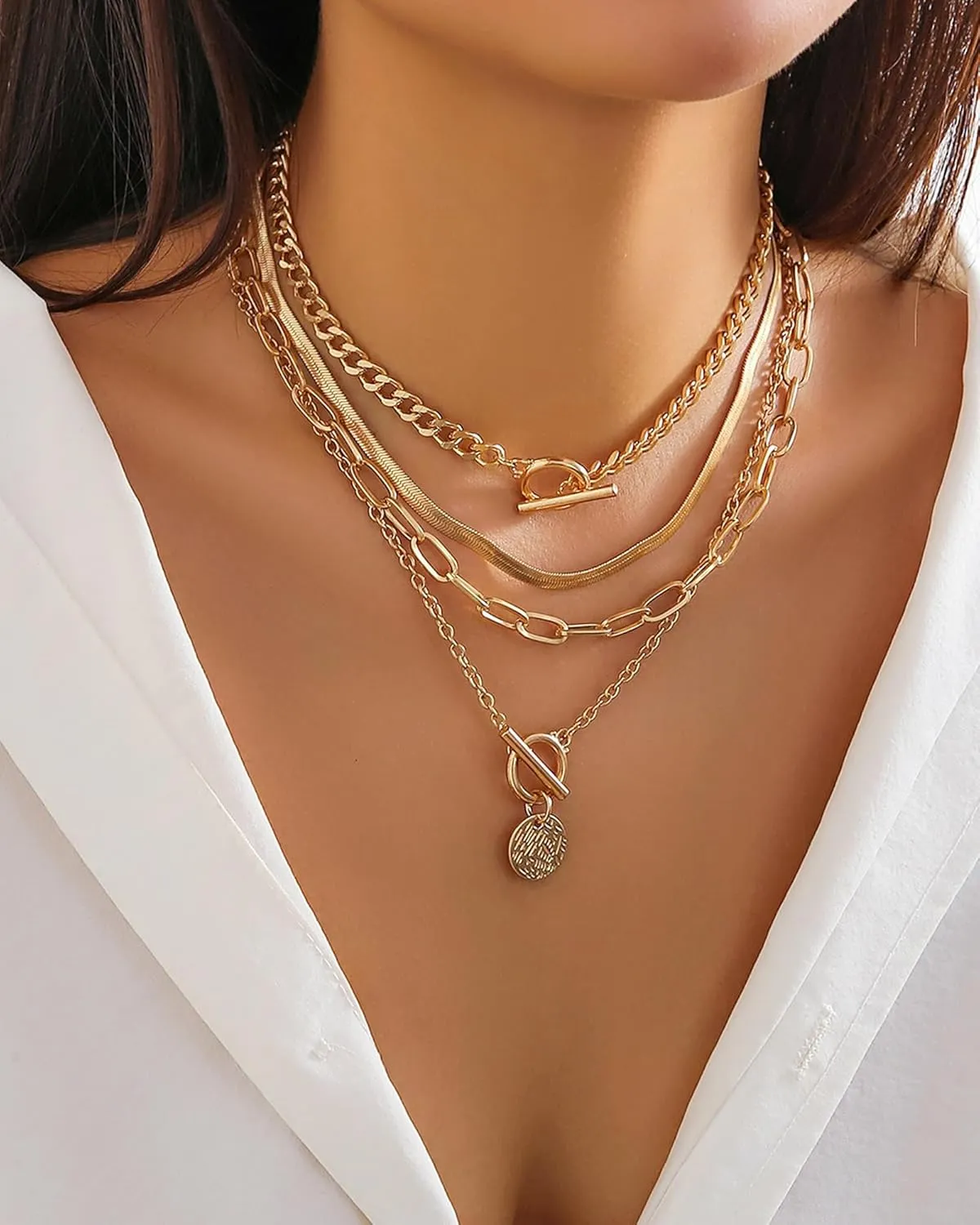 Gold Layered Necklaces for Women Chunky Layered Gold Necklaces Stacked Paperclip Chain Pearl Necklace Herringbone Choker Toggle Clasp Necklace Trendy Jewelry Gifts for Her