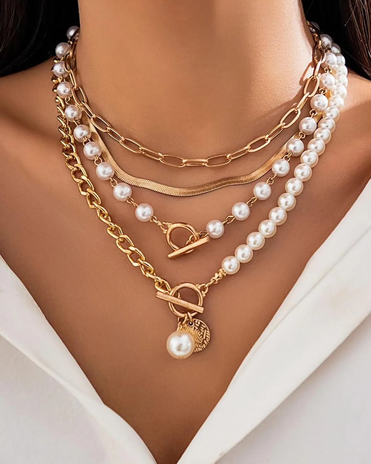 Gold Layered Necklaces for Women Chunky Layered Gold Necklaces Stacked Paperclip Chain Pearl Necklace Herringbone Choker Toggle Clasp Necklace Trendy Jewelry Gifts for Her
